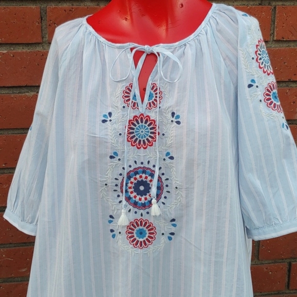 St. Jonh's Bay Embroidered 3/4 Sleeves Peasant Top Blue & White Stripe, Med,NWT - Picture 1 of 14